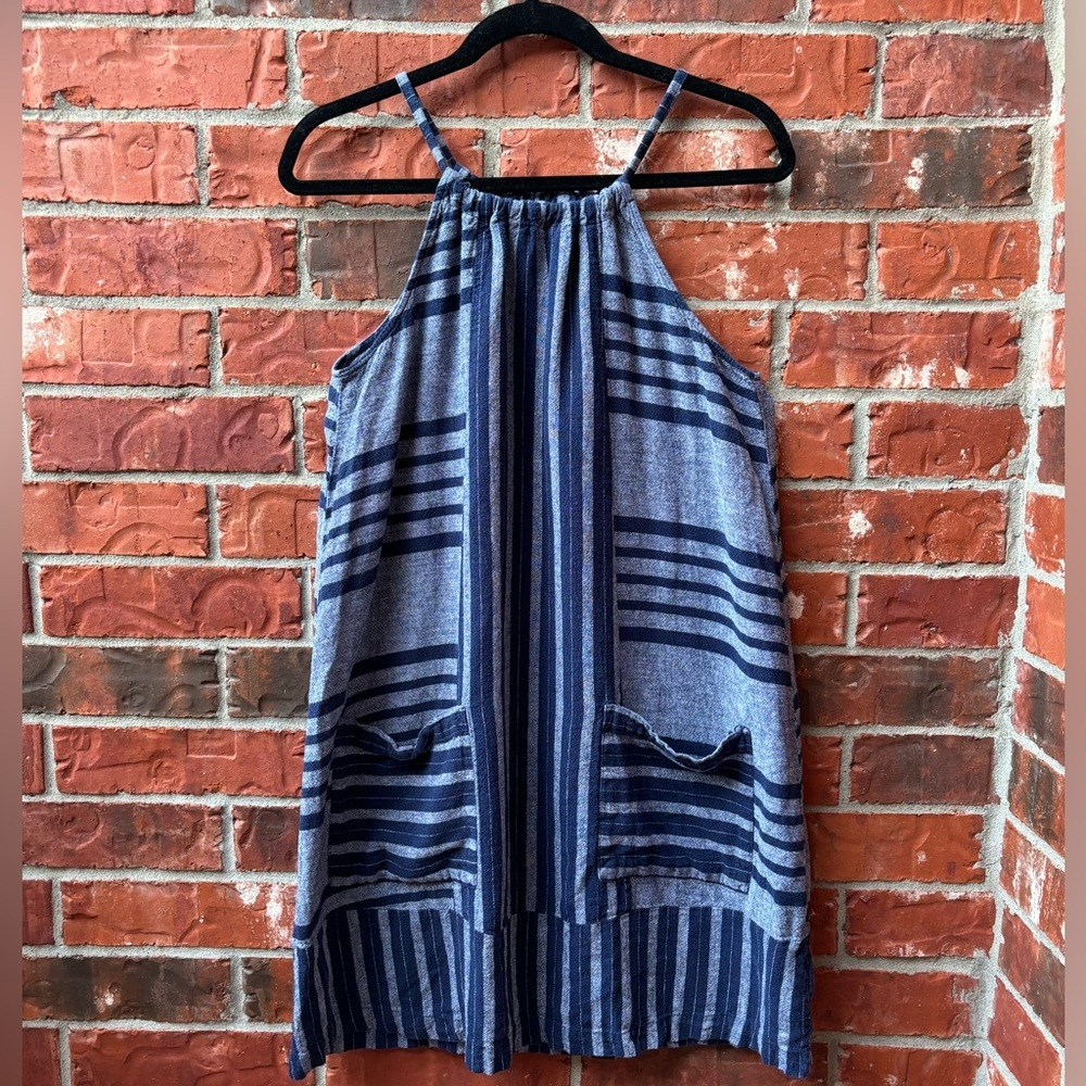 Old Navy Medium Linen Navy Stripe Ombre Casual Tank Dress Pockets Nautical